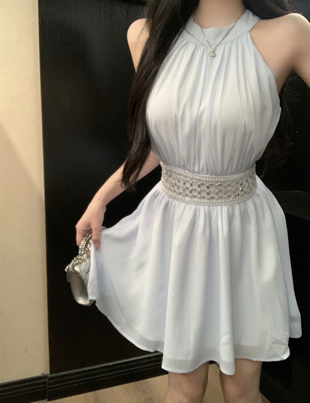 Halter summer pinched waist chiffon hollow sexy dress
