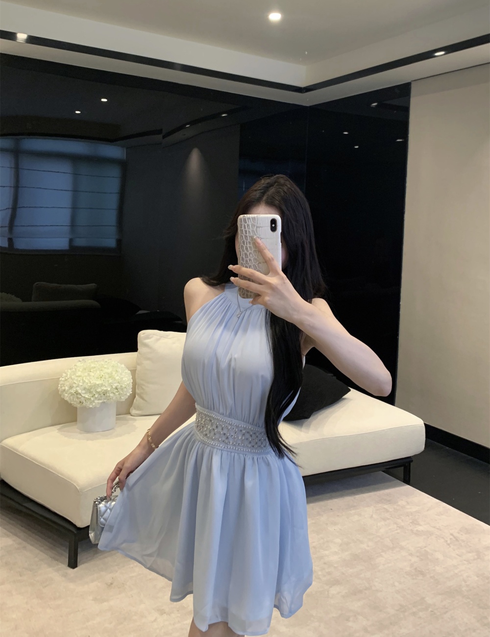 Halter summer pinched waist chiffon hollow sexy dress