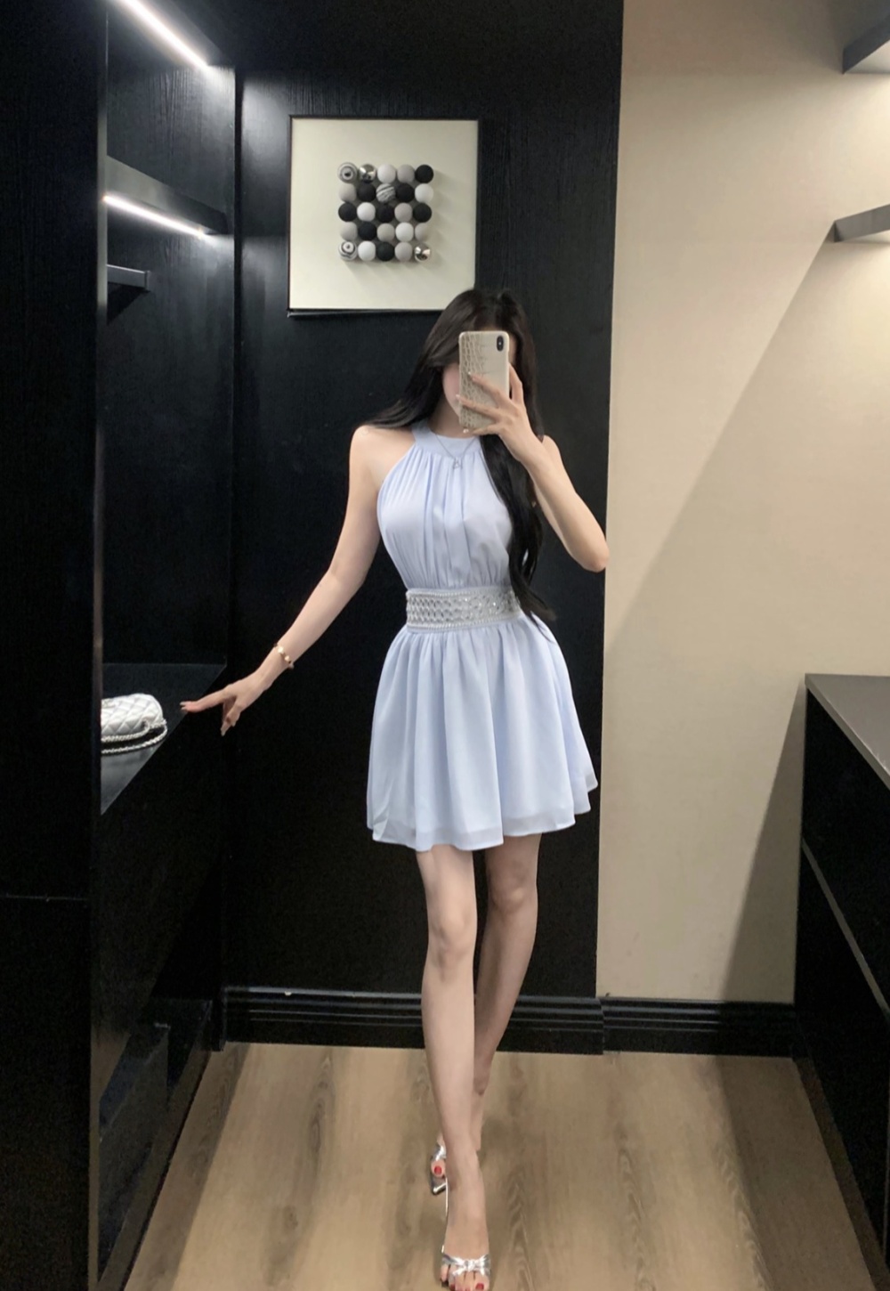 Halter summer pinched waist chiffon hollow sexy dress