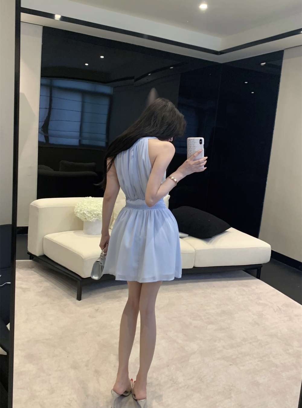 Halter summer pinched waist chiffon hollow sexy dress