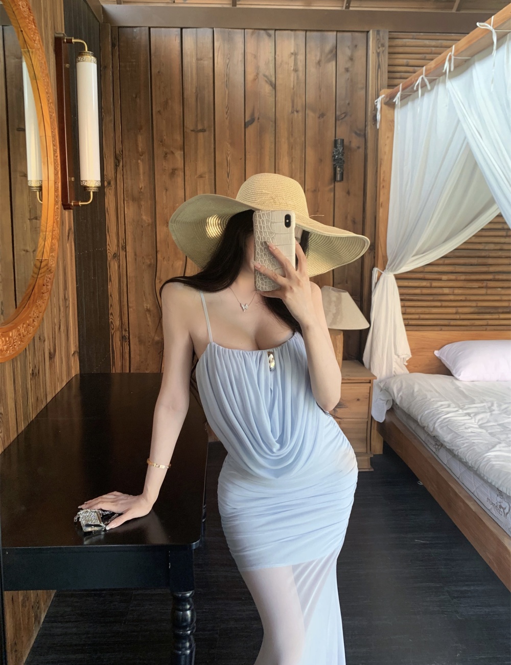 Small strap drape dress sling pinched waist long dress