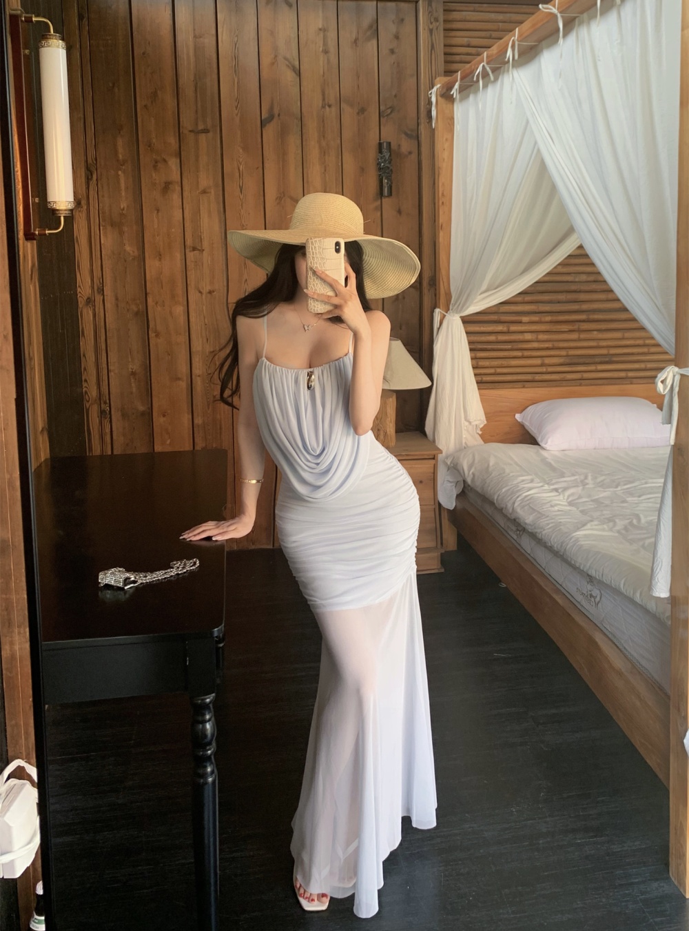 Small strap drape dress sling pinched waist long dress