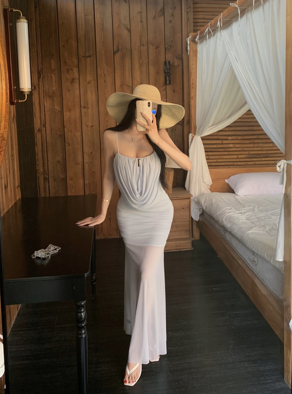 Small strap drape dress sling pinched waist long dress