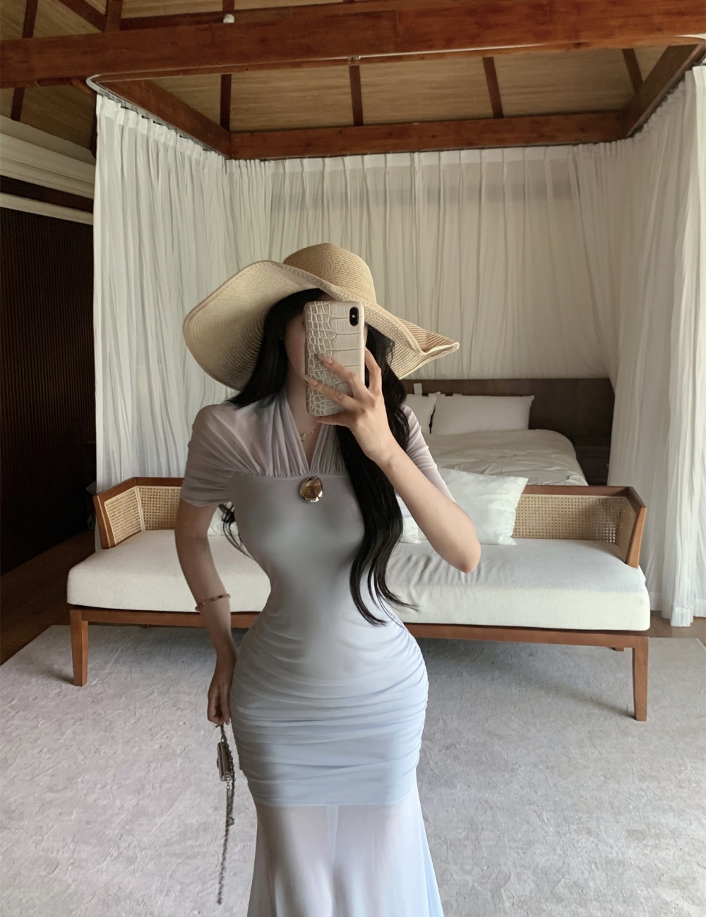 Small strap drape dress sling pinched waist long dress