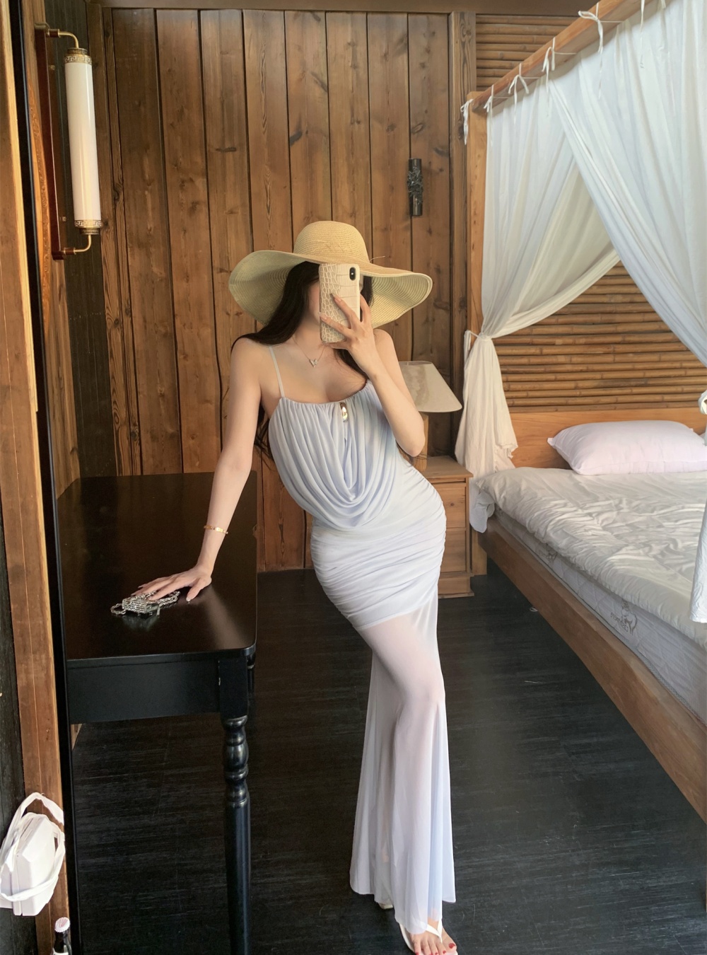 Small strap drape dress sling pinched waist long dress
