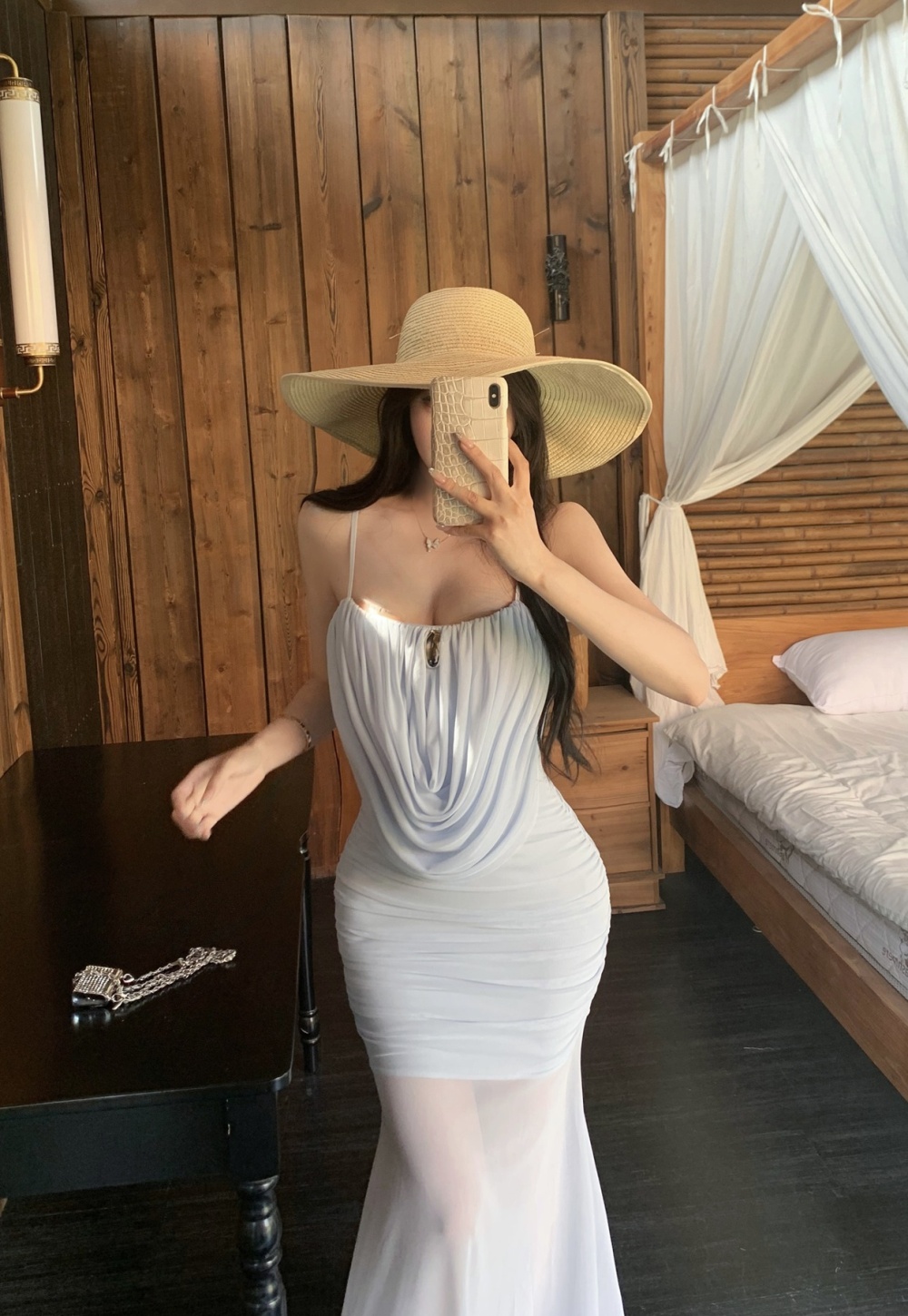 Small strap drape dress sling pinched waist long dress