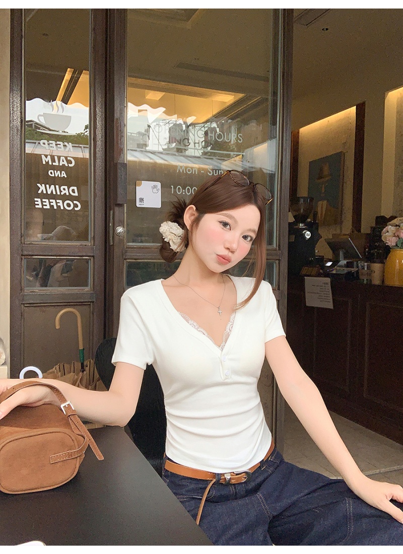 Slim back lace T-shirt pinched waist splice tops for women
