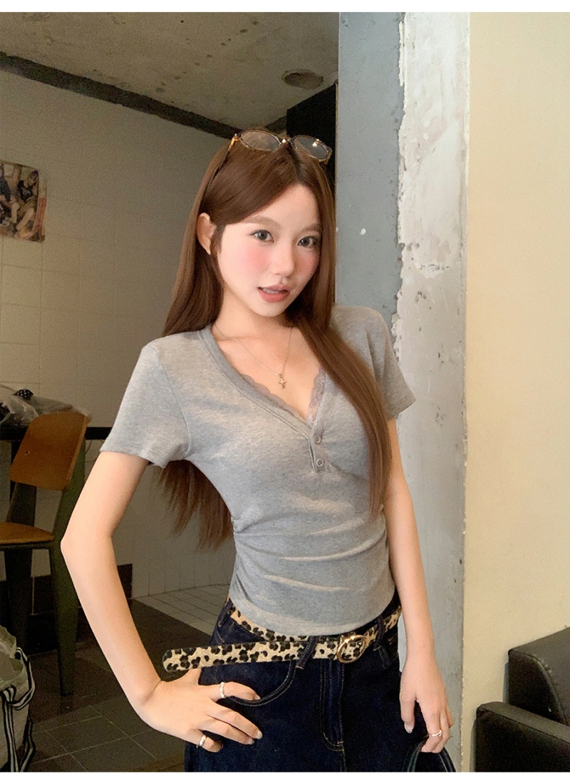 Slim back lace T-shirt pinched waist splice tops for women