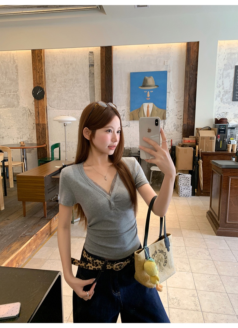 Slim back lace T-shirt pinched waist splice tops for women
