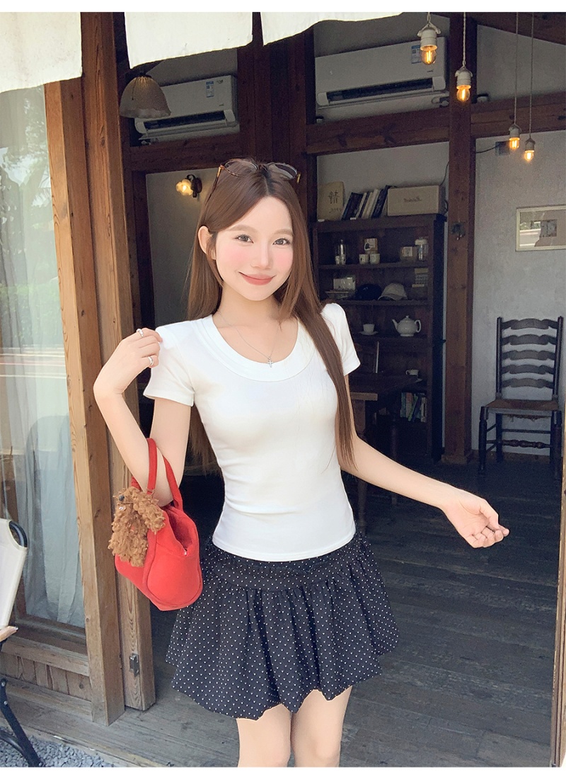 Enticement basis round neck tops double collar slim T-shirt