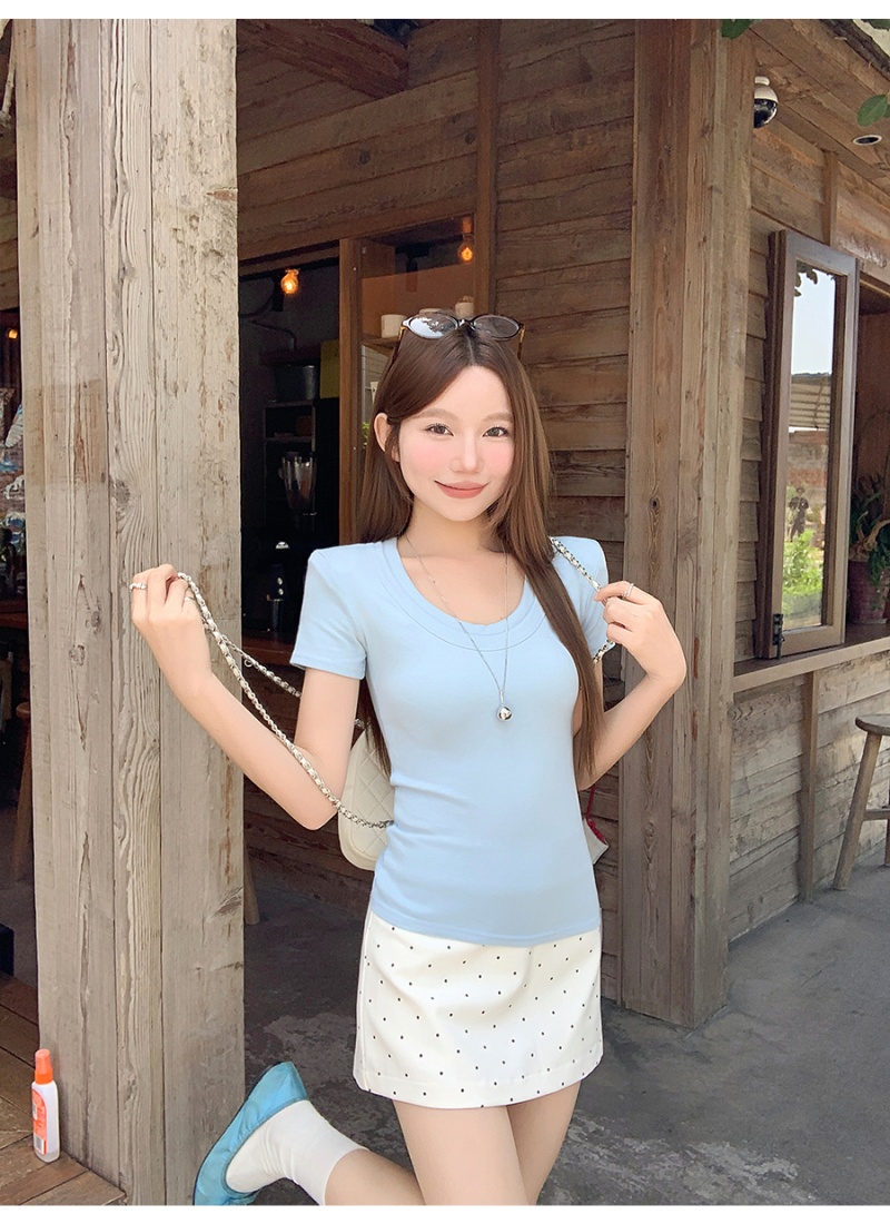 Enticement basis round neck tops double collar slim T-shirt