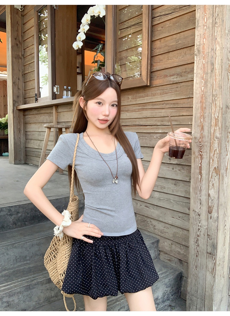 Enticement basis round neck tops double collar slim T-shirt