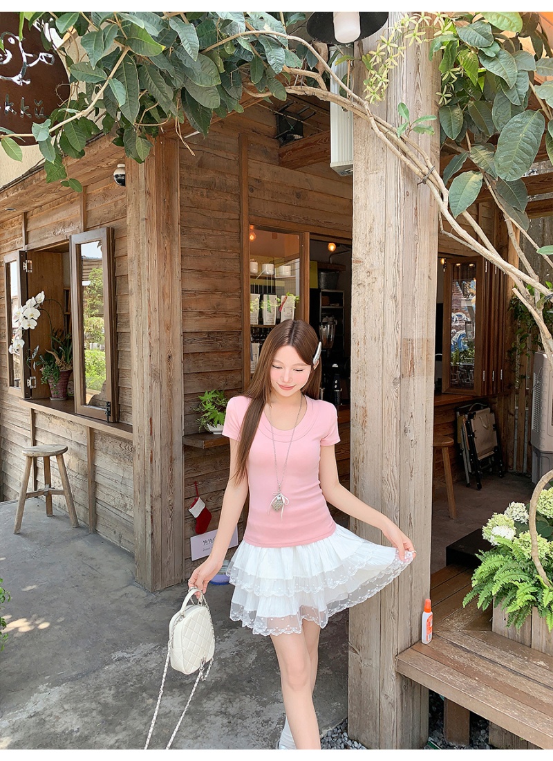 Enticement basis round neck tops double collar slim T-shirt