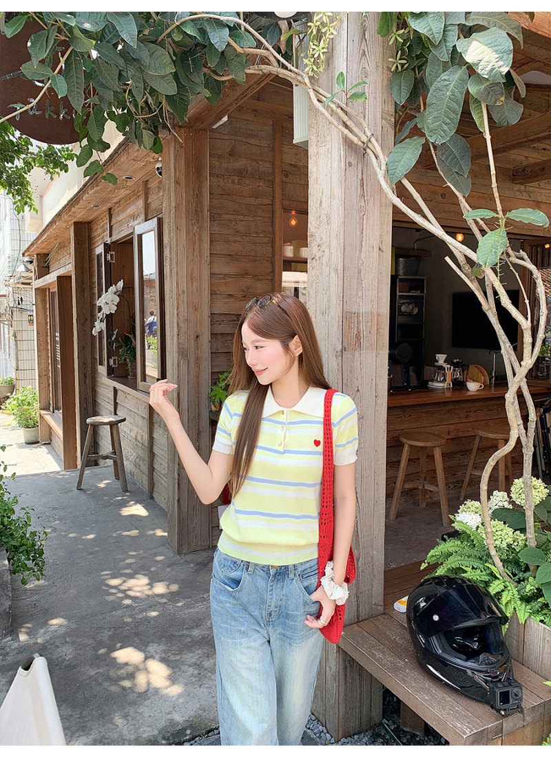 Breathable show young tops lapel summer sweater for women