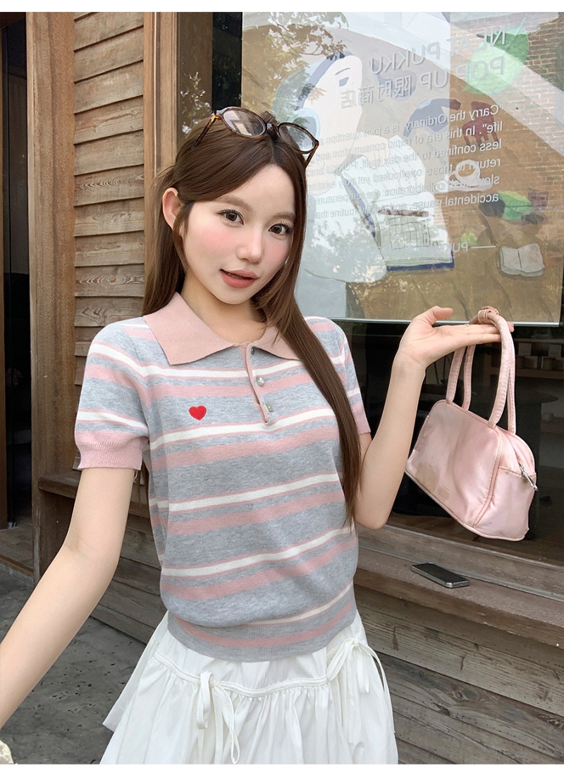Breathable show young tops lapel summer sweater for women