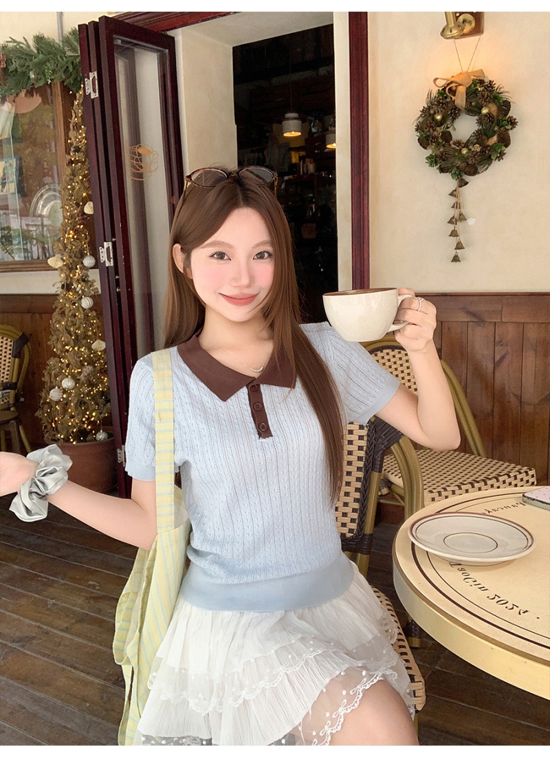 Mixed colors short sleeve sweater temperament tops for women