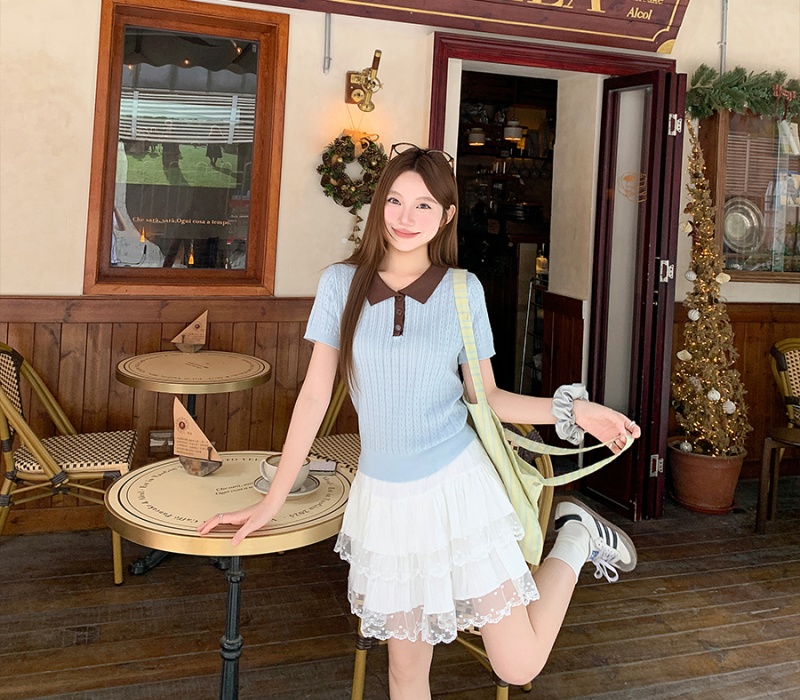 Mixed colors short sleeve sweater temperament tops for women