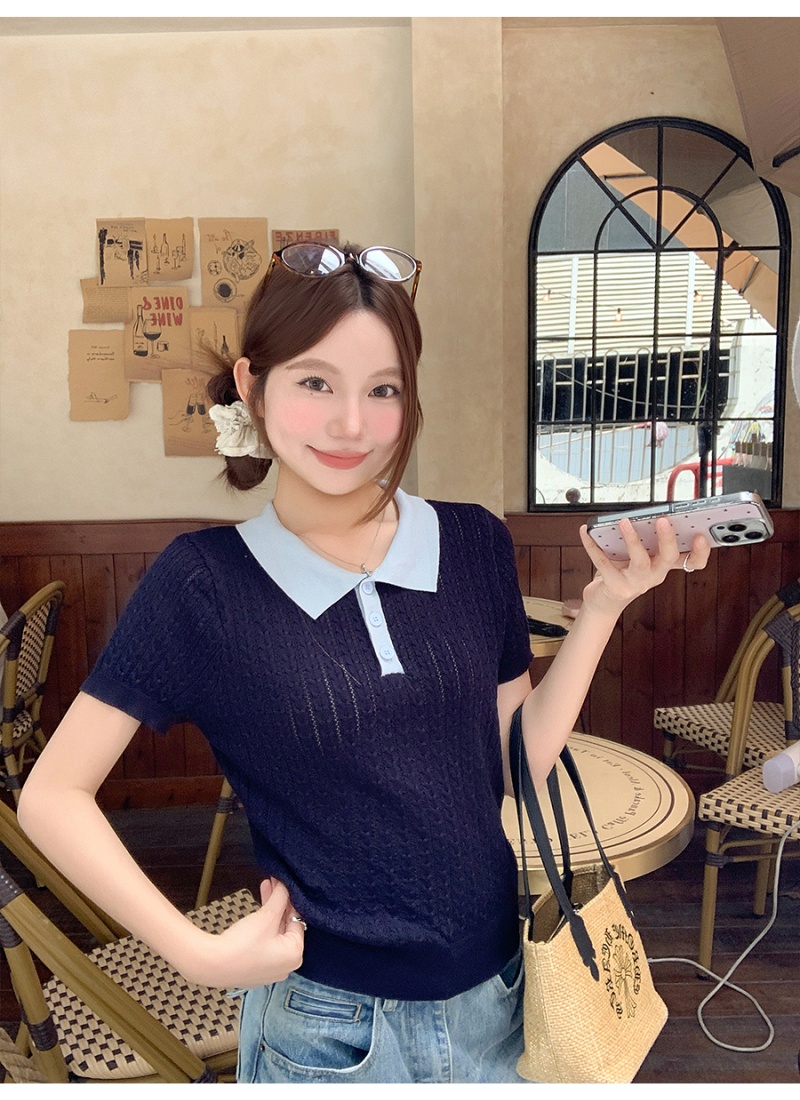 Mixed colors short sleeve sweater temperament tops for women