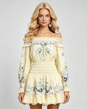 Elasticity horizontal collar long sleeve sexy dress
