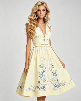 A-line lotus leaf edges big skirt pinched waist sexy bow dress
