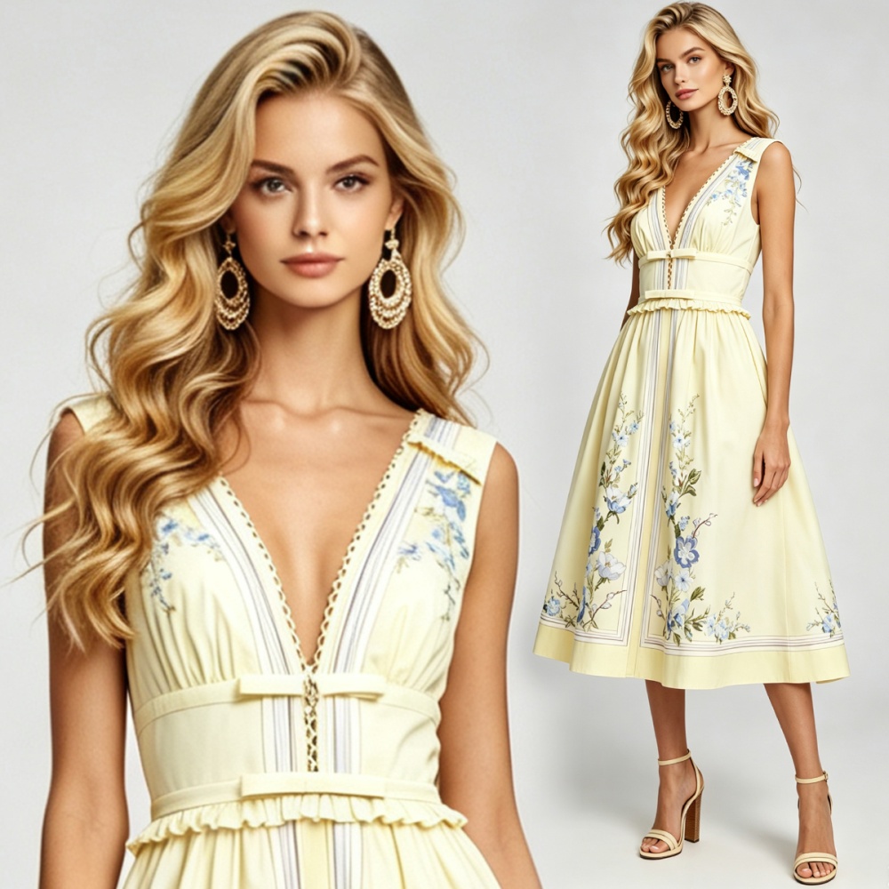 A-line lotus leaf edges big skirt pinched waist sexy bow dress