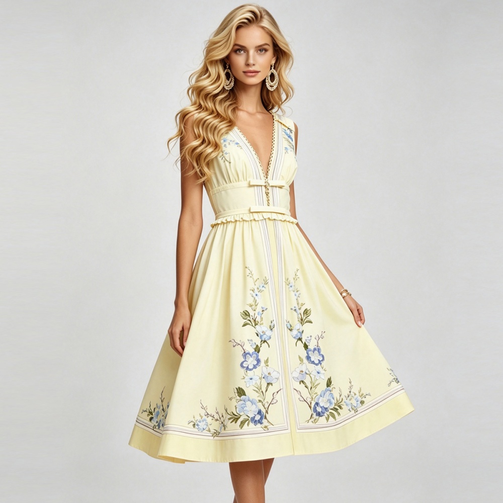 A-line lotus leaf edges big skirt pinched waist sexy bow dress