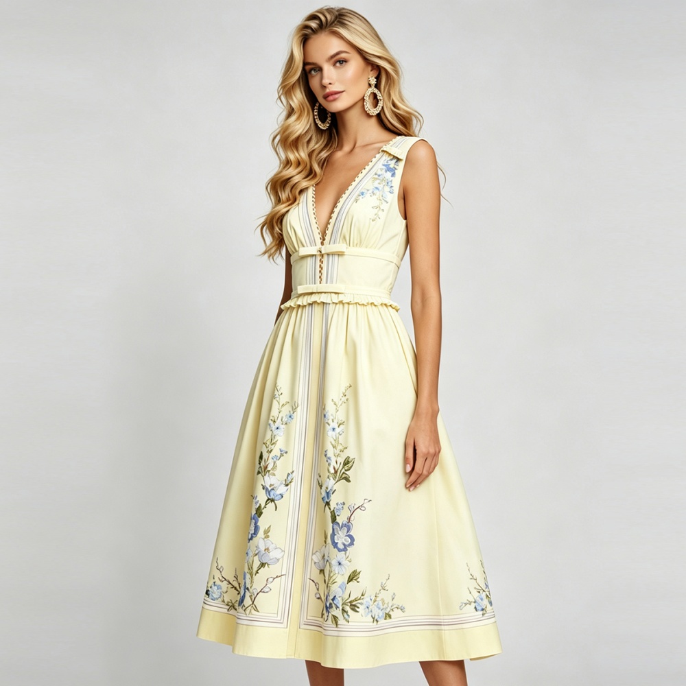 A-line lotus leaf edges big skirt pinched waist sexy bow dress