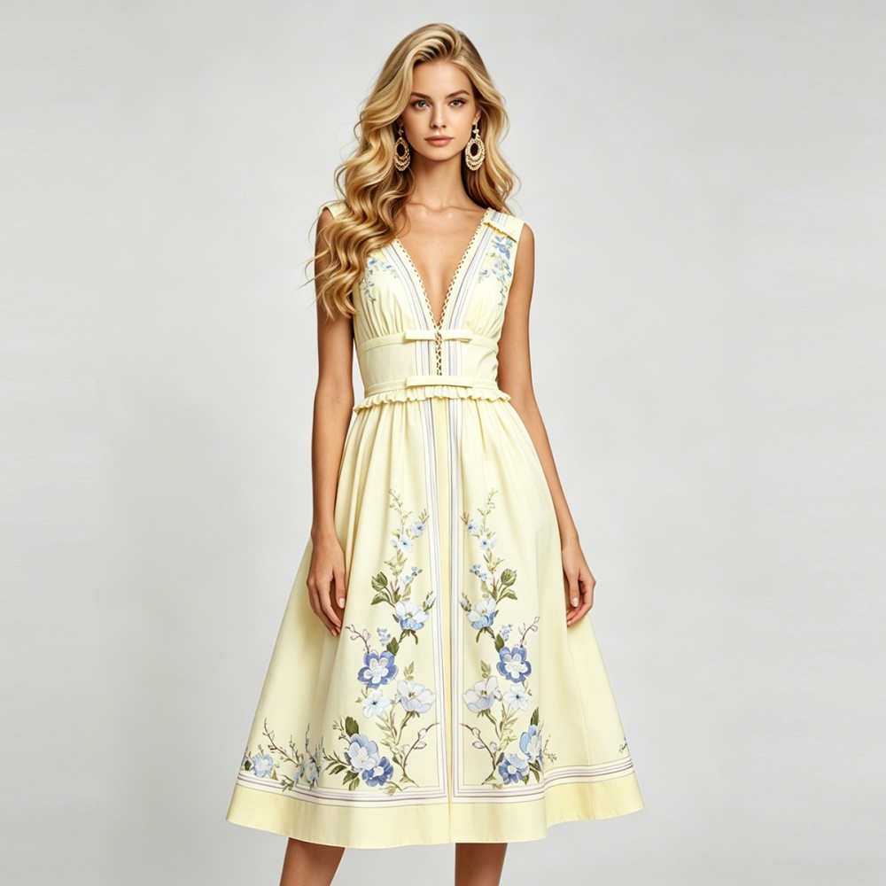 A-line lotus leaf edges big skirt pinched waist sexy bow dress