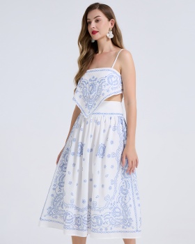 Printing summer high waist skirt sling fashion tops 2pcs set