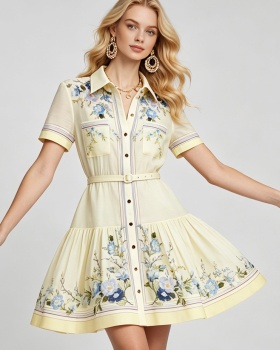High waist simple printing summer cotton linen dress