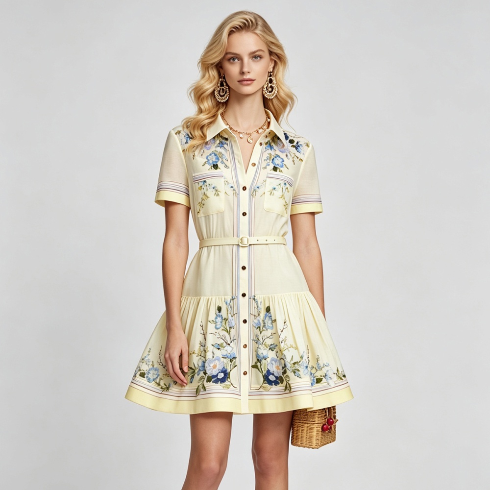 High waist simple printing summer cotton linen dress