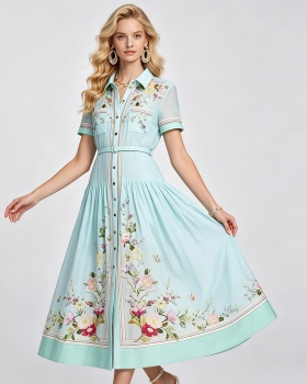 Summer high waist cotton linen simple short sleeve A-line dress