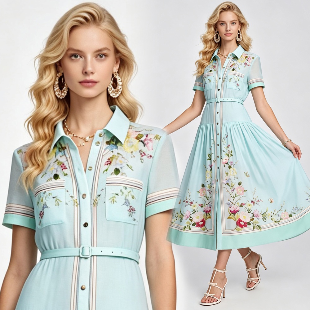 Summer high waist cotton linen simple short sleeve A-line dress