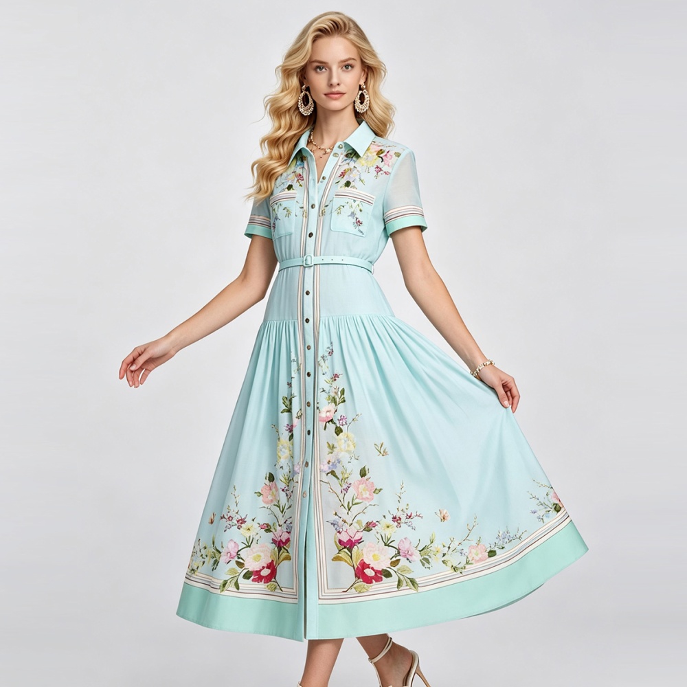 Summer high waist cotton linen simple short sleeve A-line dress