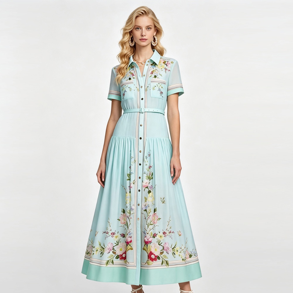 Summer high waist cotton linen simple short sleeve A-line dress