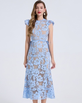 Stereoscopic high waist boats sleeve slim hollow dress