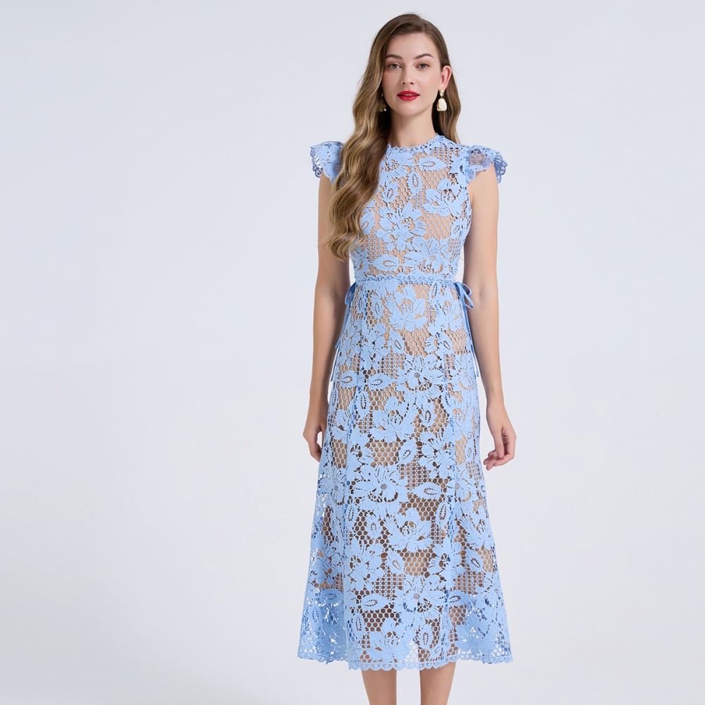 Stereoscopic high waist boats sleeve slim hollow dress
