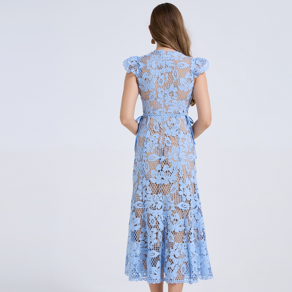 Stereoscopic high waist boats sleeve slim hollow dress