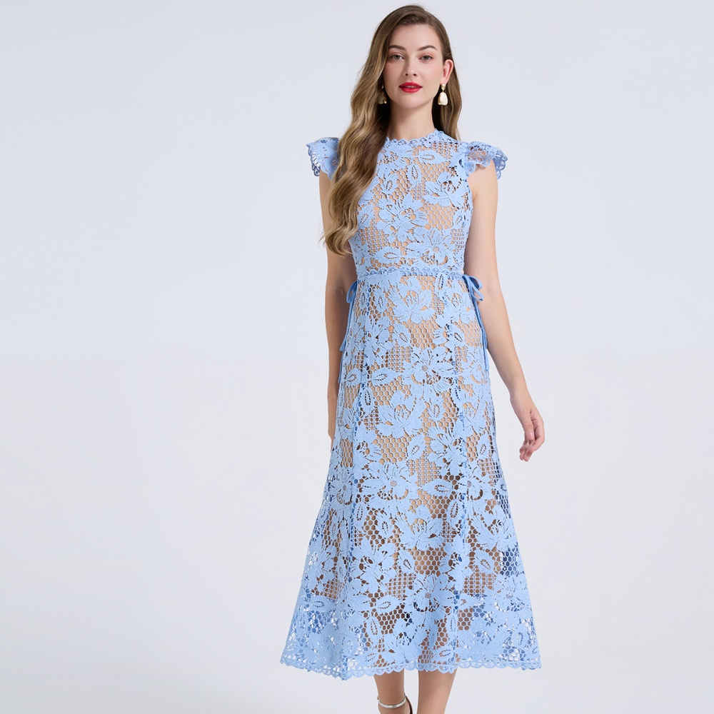 Stereoscopic high waist boats sleeve slim hollow dress