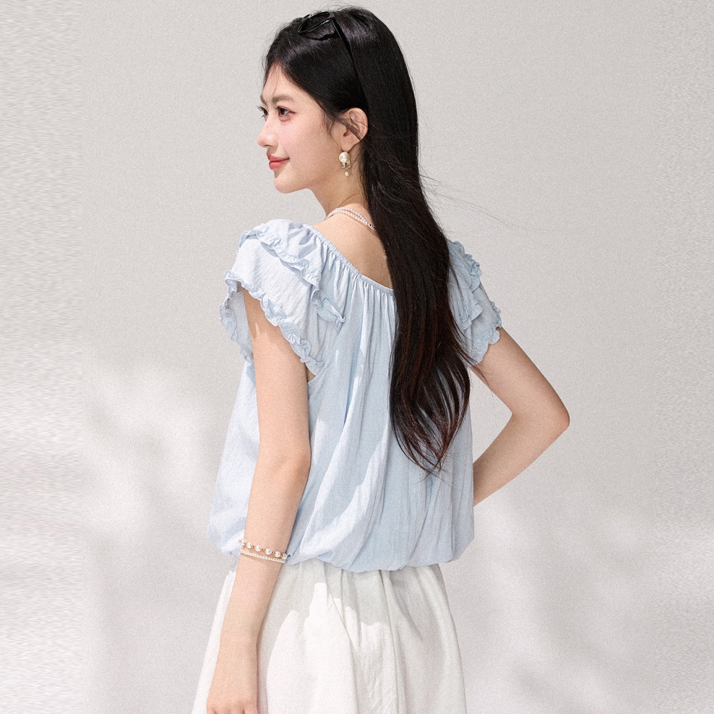 Light-blue tops slim small shirt for women