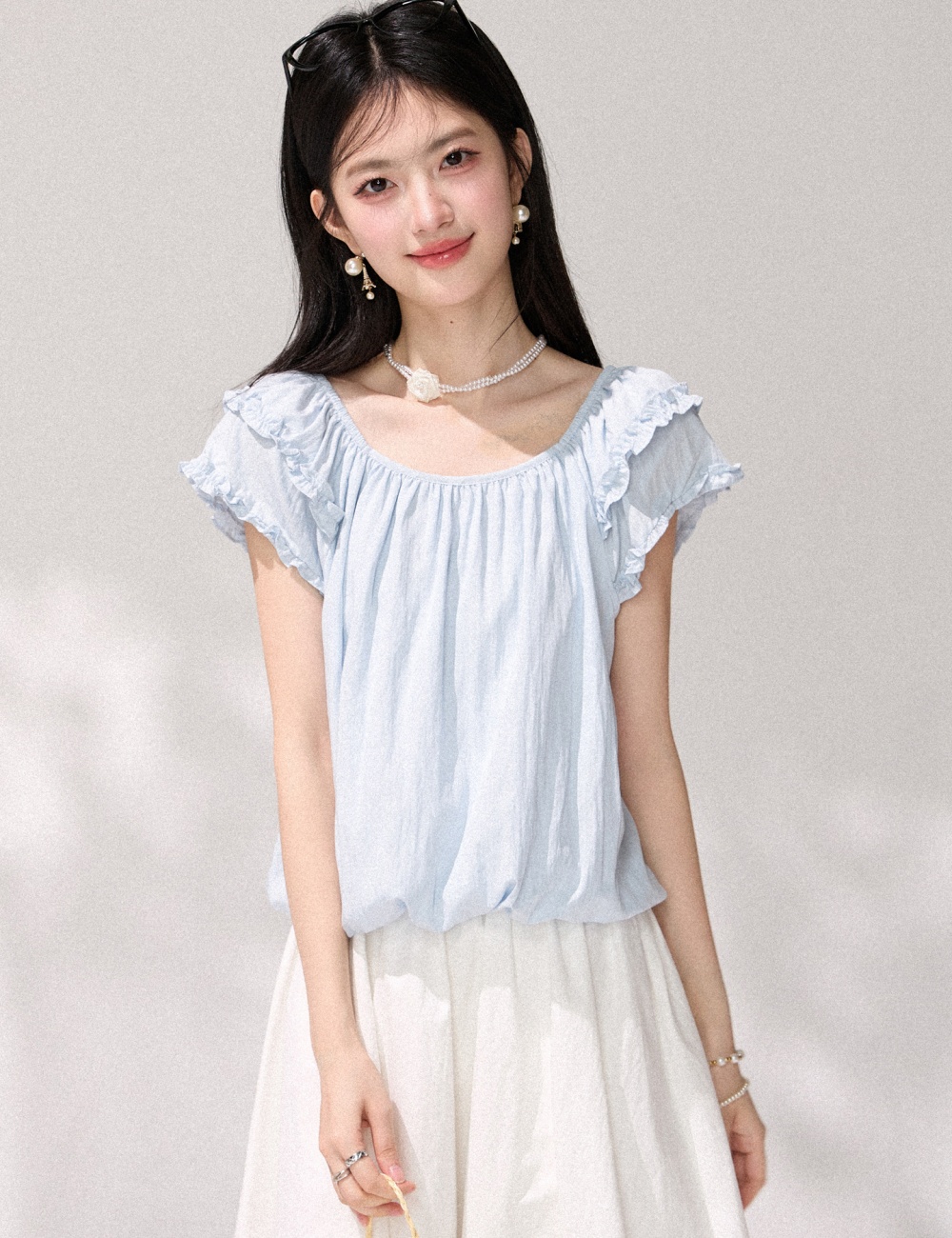 Light-blue tops slim small shirt for women