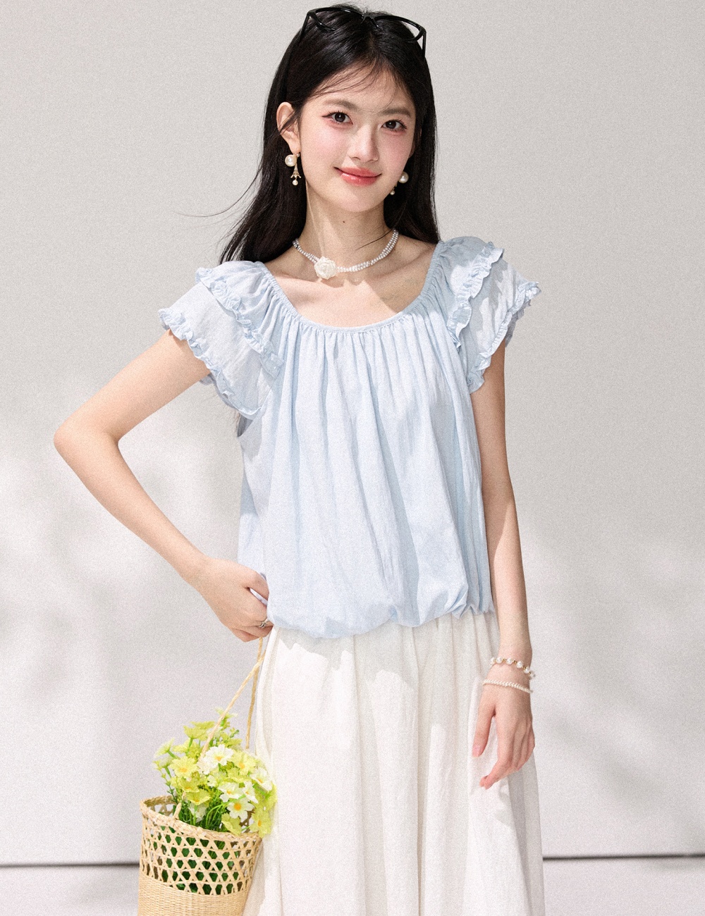 Light-blue tops slim small shirt for women