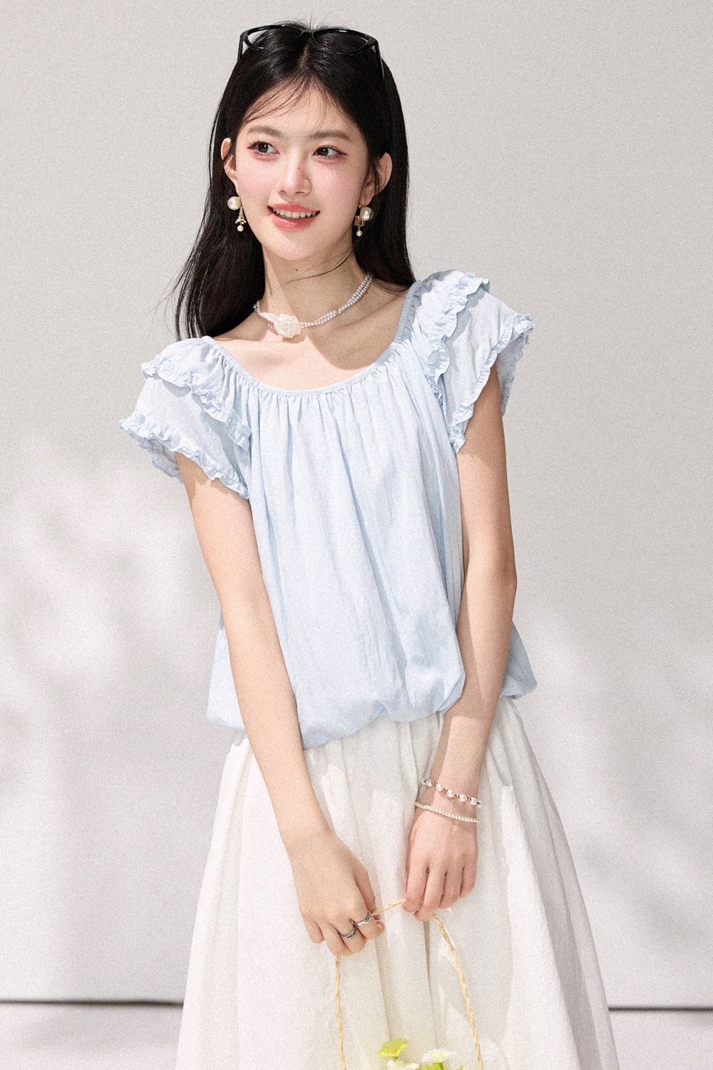 Light-blue tops slim small shirt for women
