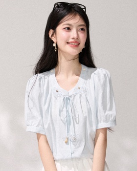 Puff sleeve flowers shirt stereoscopic France style tops
