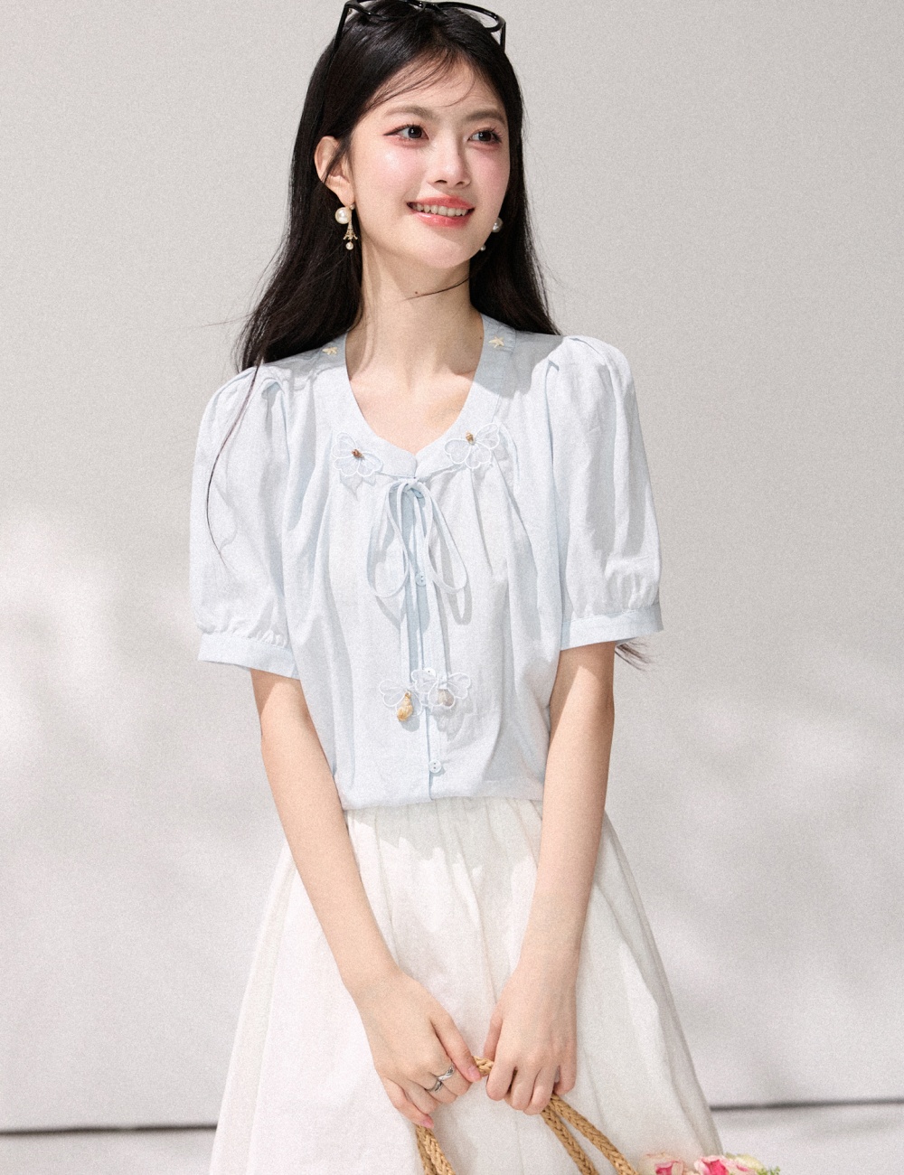 Puff sleeve flowers shirt stereoscopic France style tops