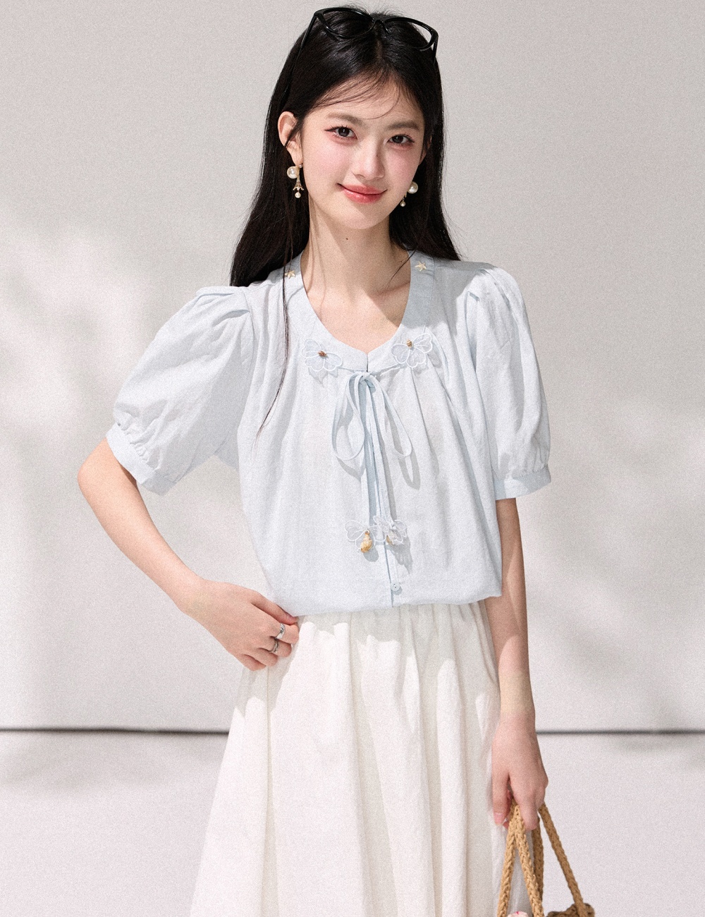 Puff sleeve flowers shirt stereoscopic France style tops