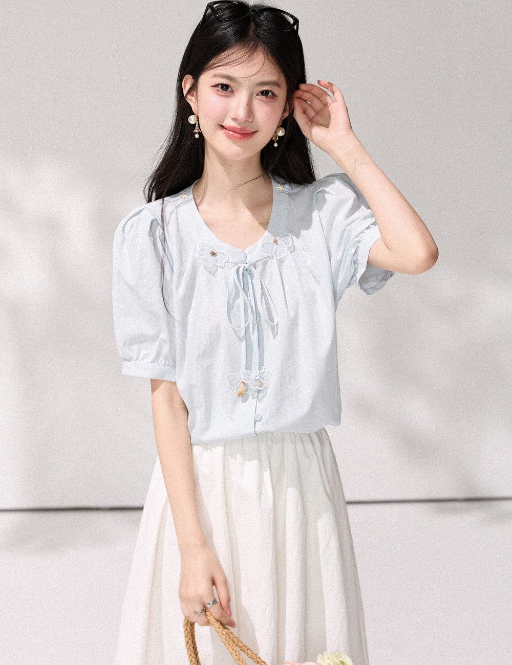 Puff sleeve flowers shirt stereoscopic France style tops