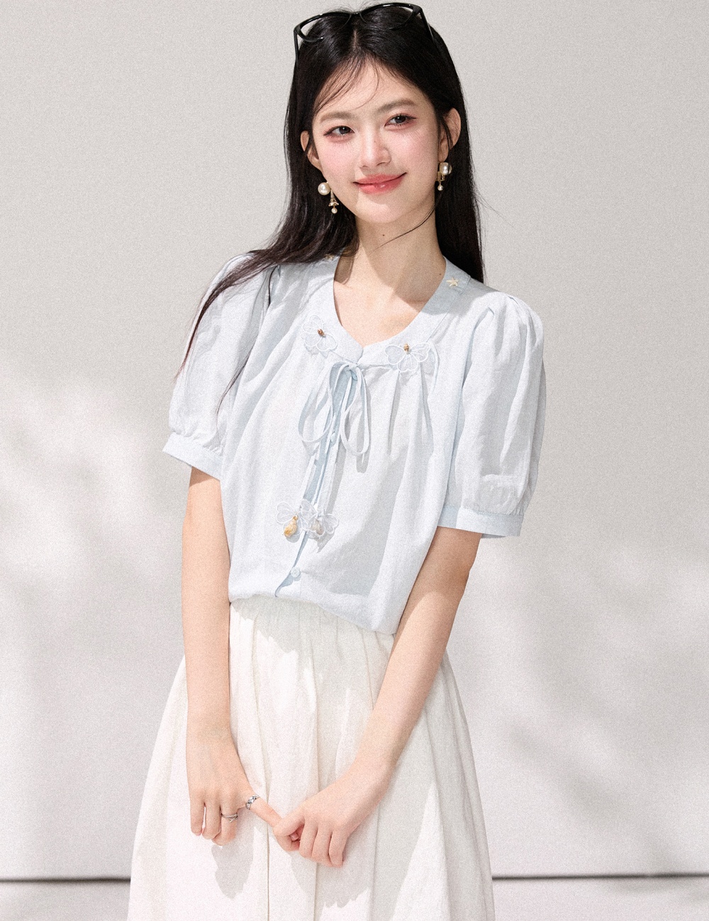 Puff sleeve flowers shirt stereoscopic France style tops