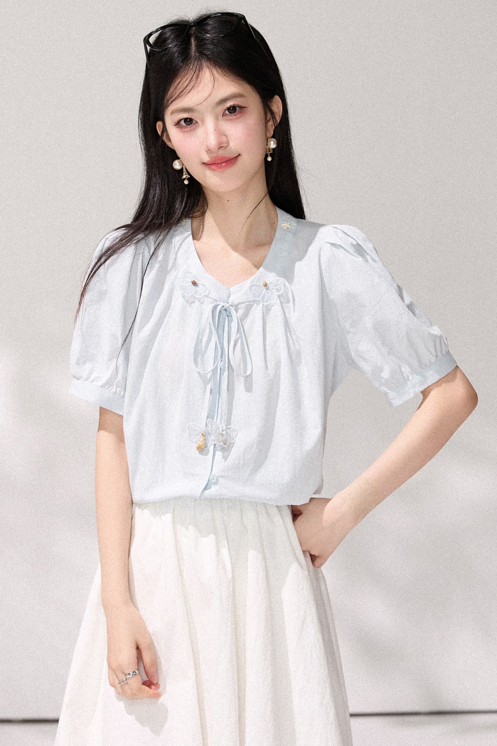 Puff sleeve flowers shirt stereoscopic France style tops