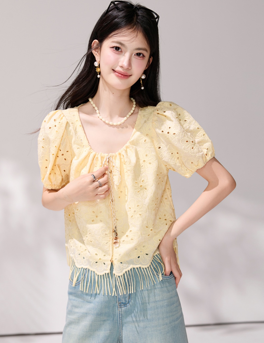 Summer yellow square collar small shirt hollow short tops